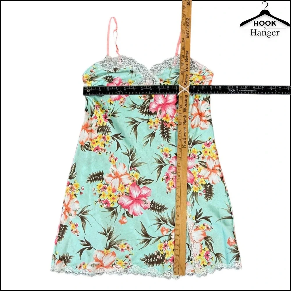 Victoria's Secret Y2K Satin Tropical Chemise Nightie S Blue Pink Hibiscus Lace - Picture 9 of 10